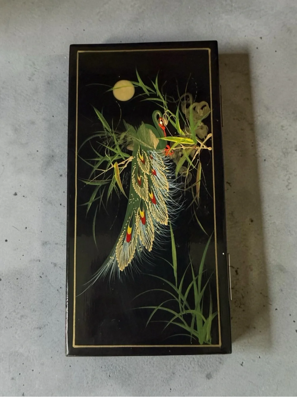 Japanese Hand Painted Bird Black Lacquered Jewelry Trinket Box Dresser Vanity